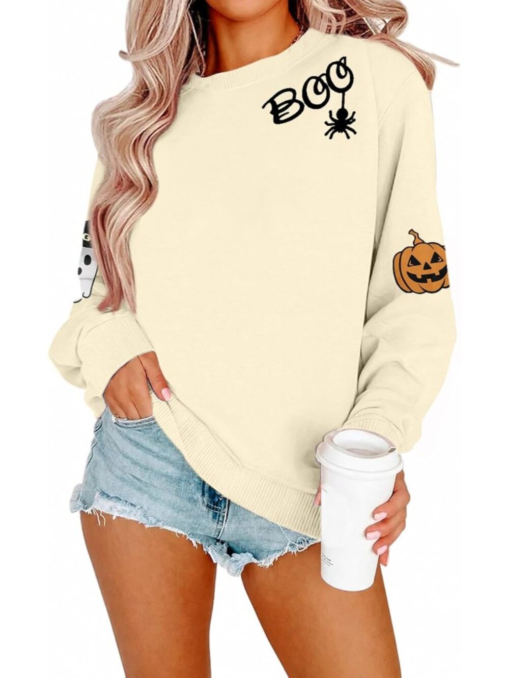 🆕 Women's Cream Boo Spider Pumpkin Ghost Sleeve Crewneck Halloween Sweatshirt